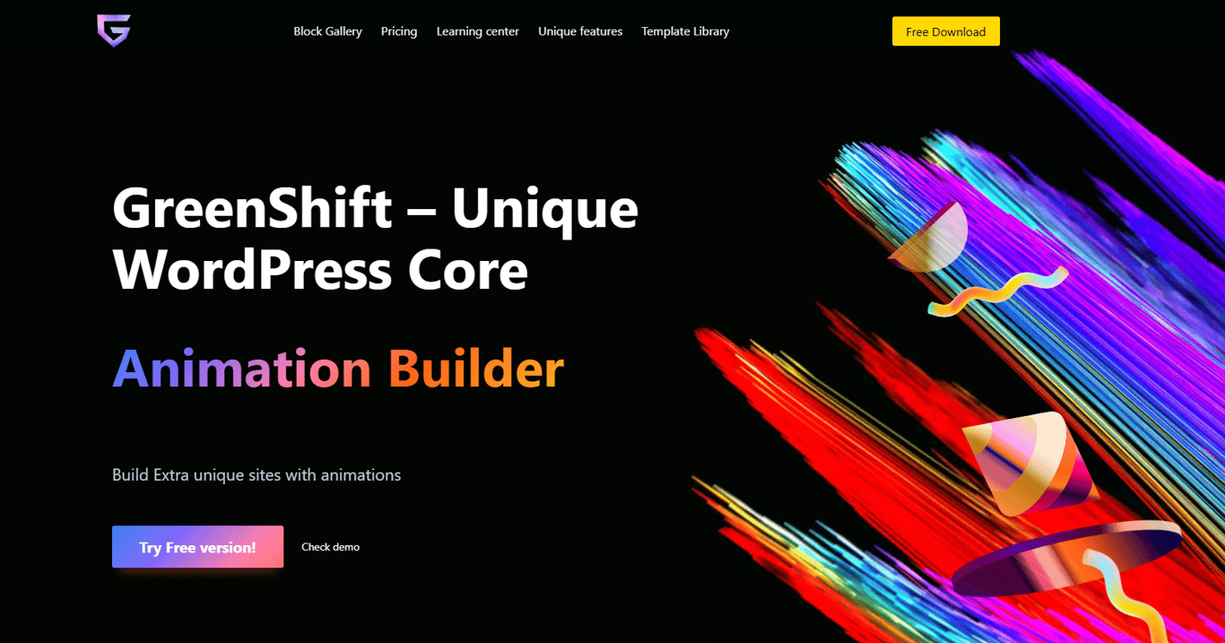 GreenShift WordPress plugin dashboard interface showing Gutenberg based block builder optimized for performance and full site editing capabilities