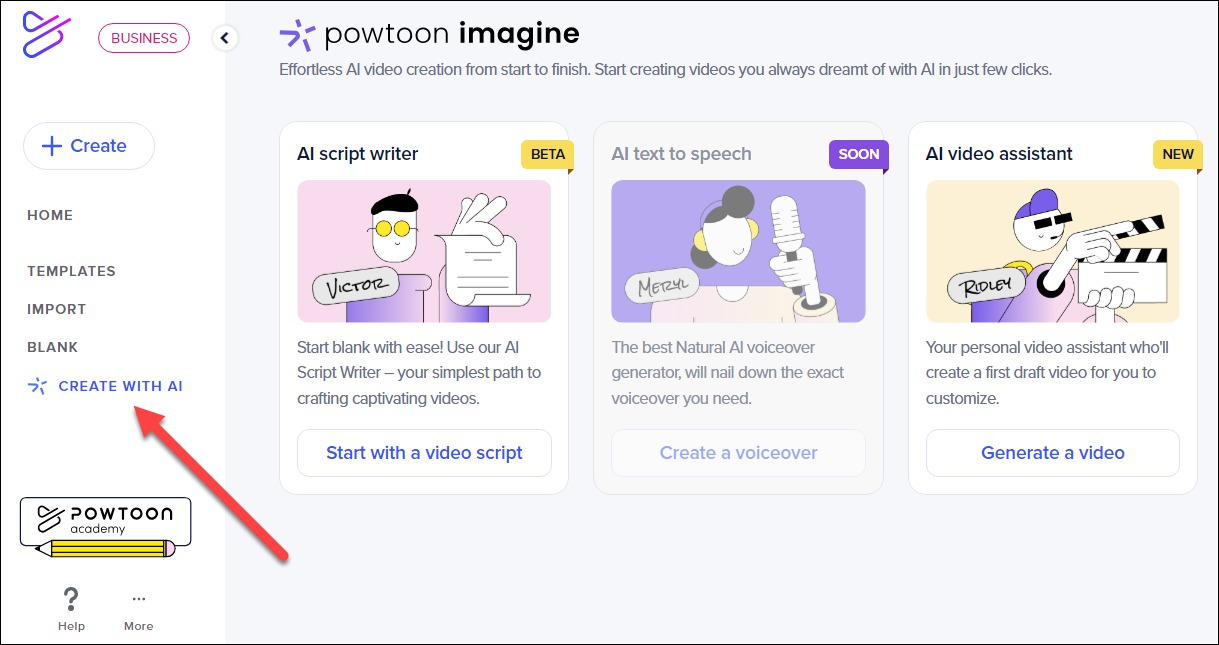 Powtoon's AI feature helps create voiceovers, illustrations, and videos from text quickly.