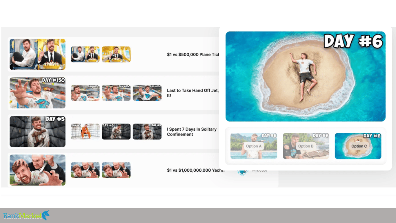 Illustrative Image Of The A/B Thumbnail Testing Interface On Viewstats Pro Showing Multiple Versions Of Thumbnails