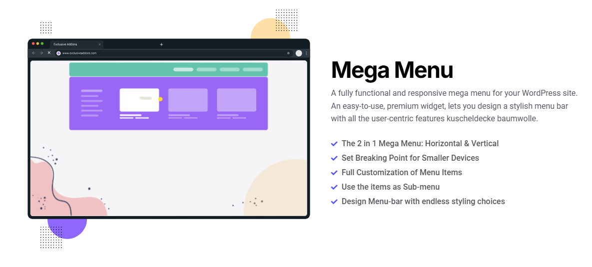 Exclusive Addons Mega Menu builder interface creating advanced multi level navigation layout for WooCommerce ecommerce website