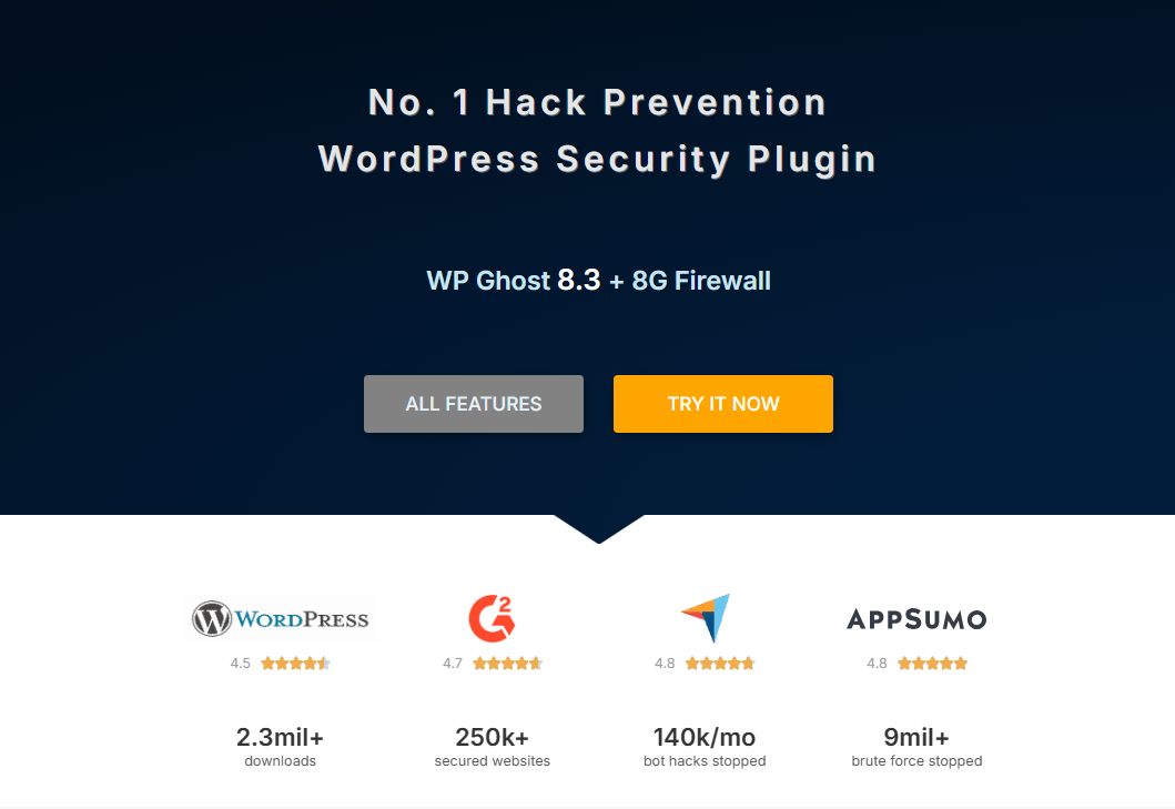 Hide My WP Ghost homepage interface showcasing WordPress footprint hiding features and advanced protection against automated bots