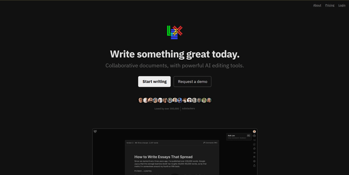 Lex AI writing platform homepage interface with clean document editor layout