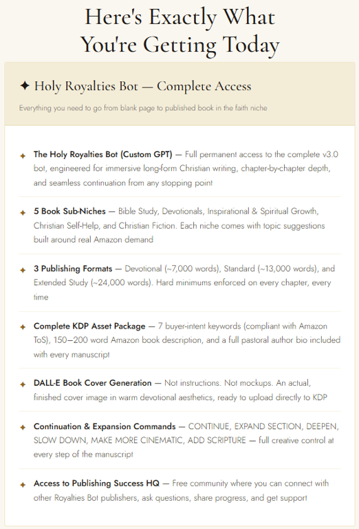 Holy-Royalties-Bot-system-features-list-including-custom-gpt-and-complete-kdp-keyword-asset-package
