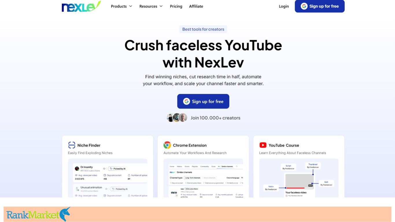Nexlev.io Homepage – Faceless Youtube Channel Development Tool.