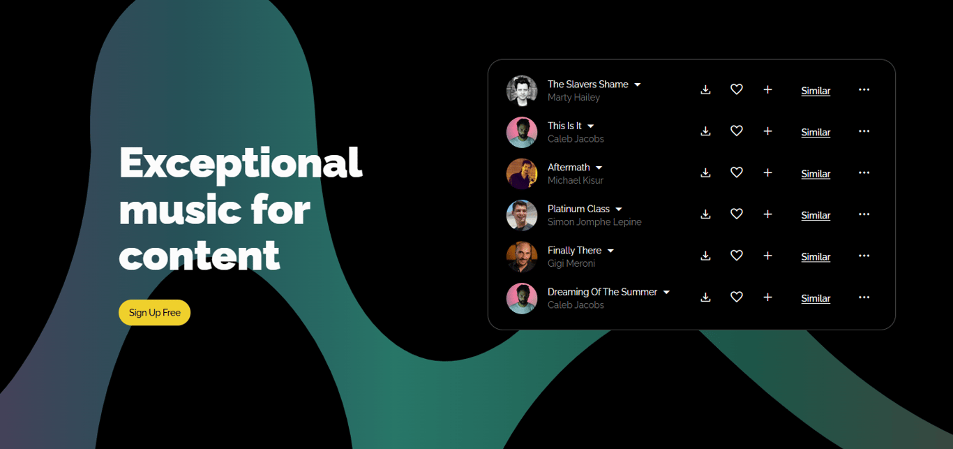 Melod music licensing dashboard displaying a searchable royalty-free music catalog with genre mood and tempo filters for video and podcast creators