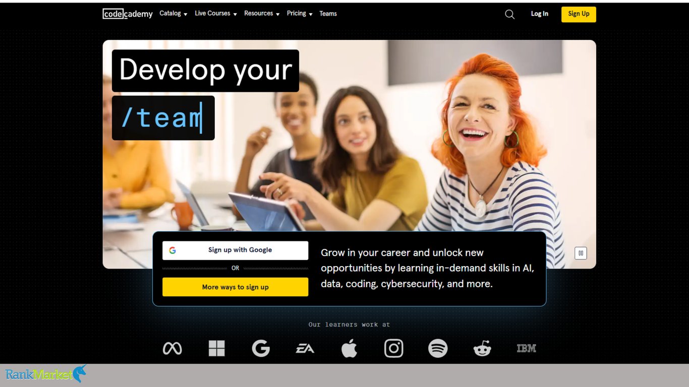 Codecademy-Homepage-Hero-Banner-With-Headline-Develop-Your-Team-Showing-A-Group-Of-Smiling-Professionals-Working-On-Laptops