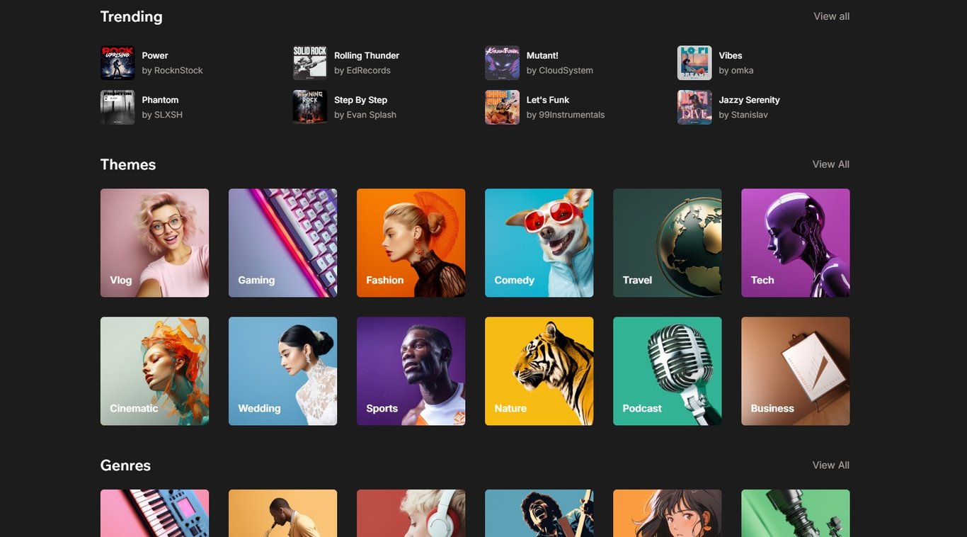 Tunetank homepage with clearly categorized music