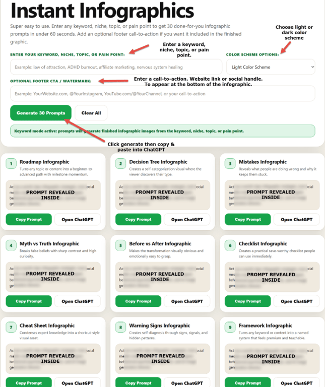 Instant-Infographics-dashboard-with-keyword-input-color-scheme-options-and-copy-chatgpt-prompts-grid