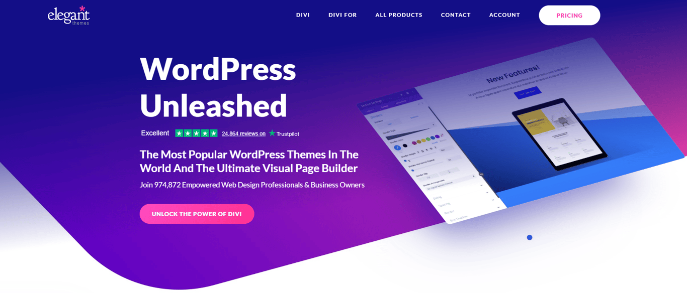 Elegant Themes Divi visual builder interface showcasing modern WordPress website design