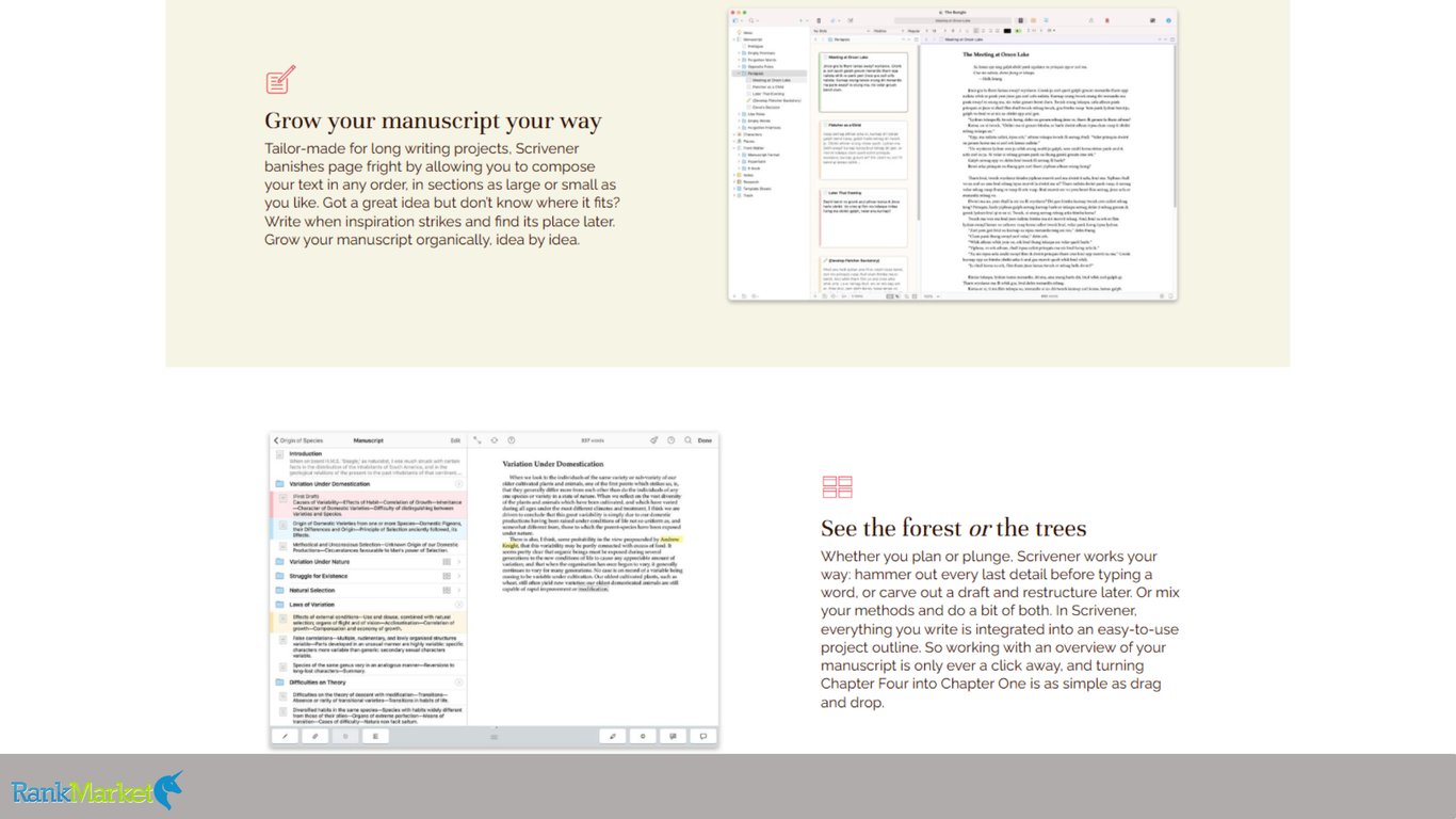 Desktop-And-Tablet-User-Interfaces-Of-Scrivener-Displaying-Corkboard-Index-Cards-And-Nested-Manuscript-Outlines