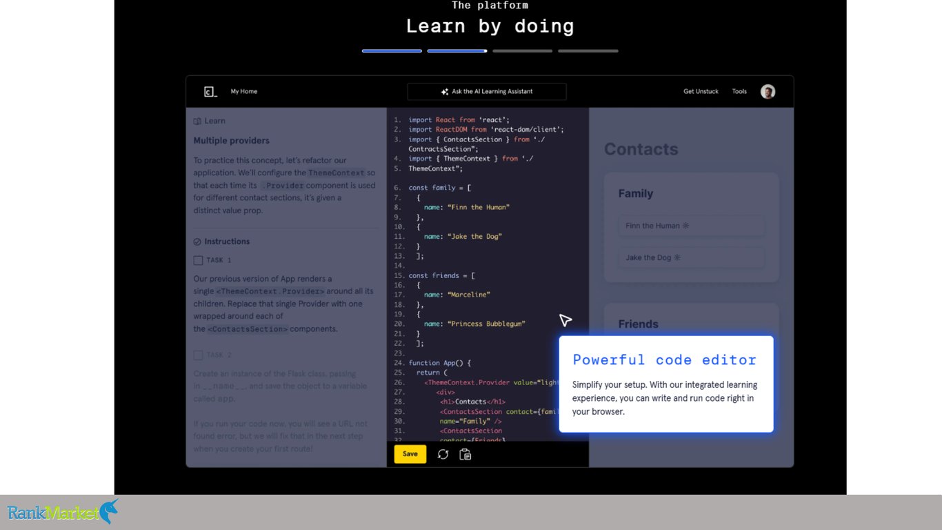 Browser-Mockup-Of-Codecademy-In-Browser-Code-Editor-Running-React-Javascript-Code-With-A-Popup-Labeled-Powerful-Code-Editor