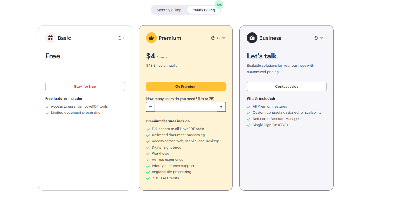 Tiered-membership-layout-highlighting-unlocked-AI-credits-and-priority-file-processing-on-the-middle-Premium-card