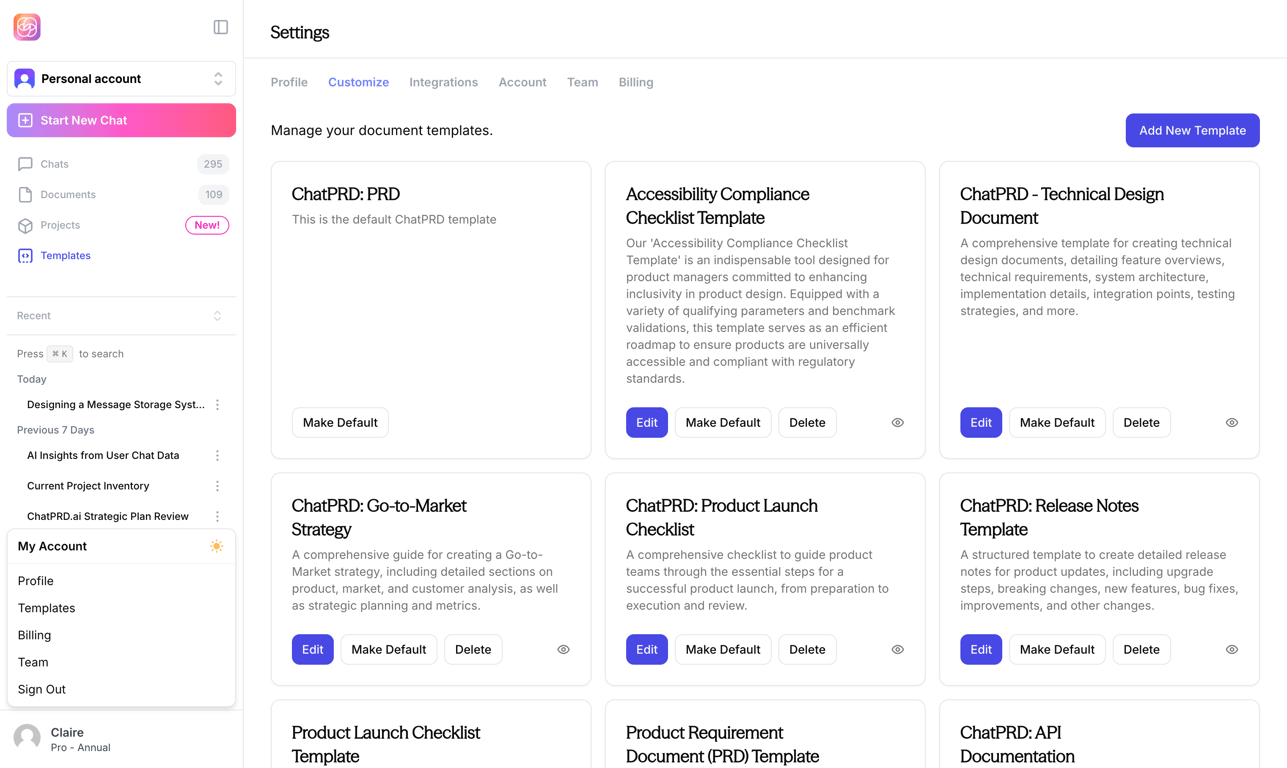 ChatPRD AI product requirement document generation feature