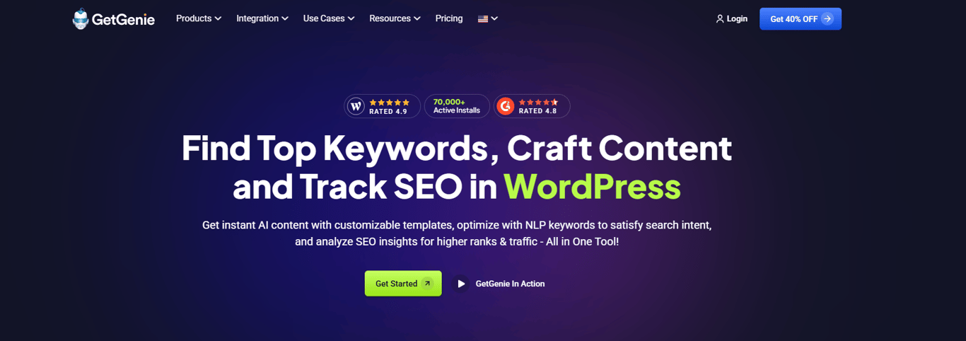 GetGenie dashboard inside WordPress displaying AI content creation tools and built in SEO analysis features within the editor interface