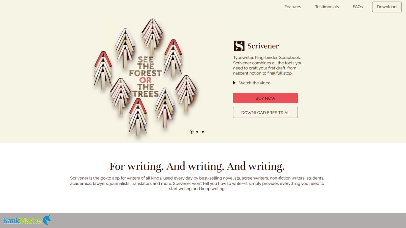Scrivener-Landing-Page-Hero-Banner-Featuring-Books-Arranged-Like-Trees-And-Download-Buttons