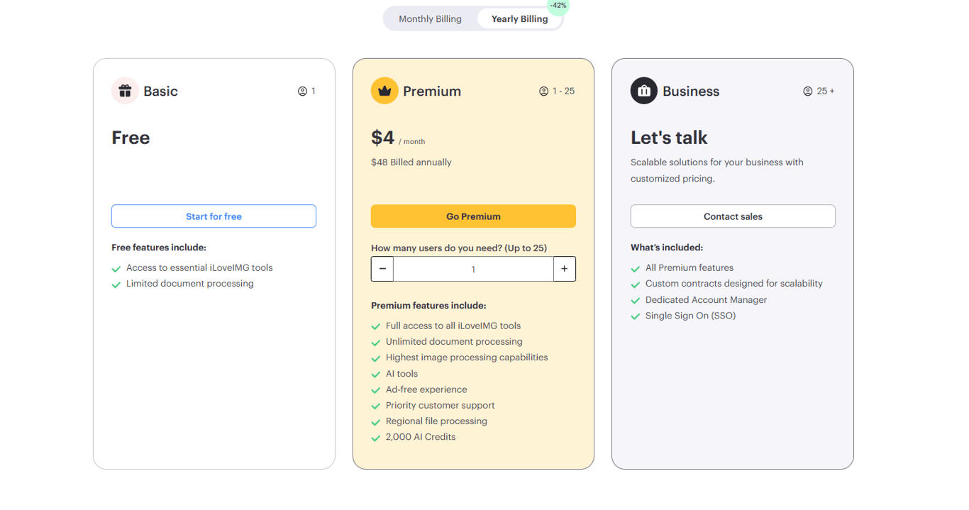 Three-column-pricing-layout-comparing-Basic-Premium-and-Business-tiers