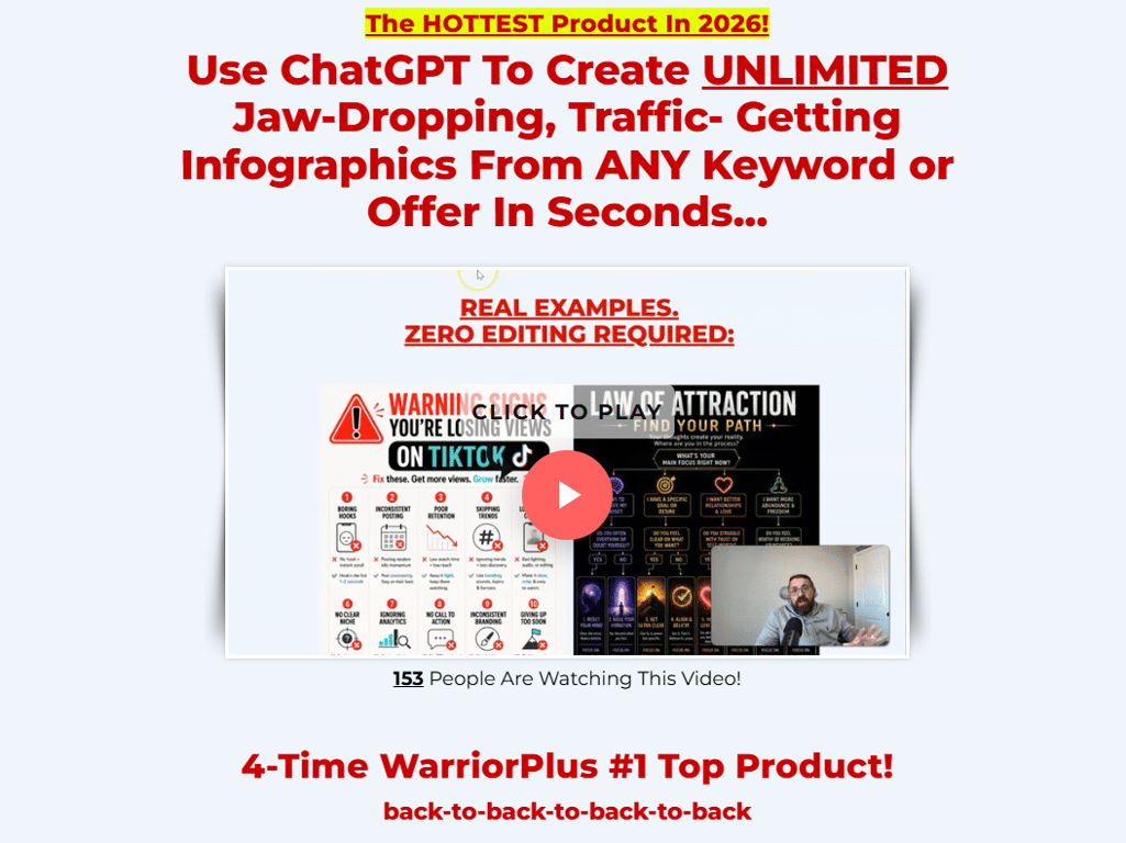 Instant-Infographics-sales-page-banner-showing-chatgpt-workflow-and-warriorplus-top-product-award