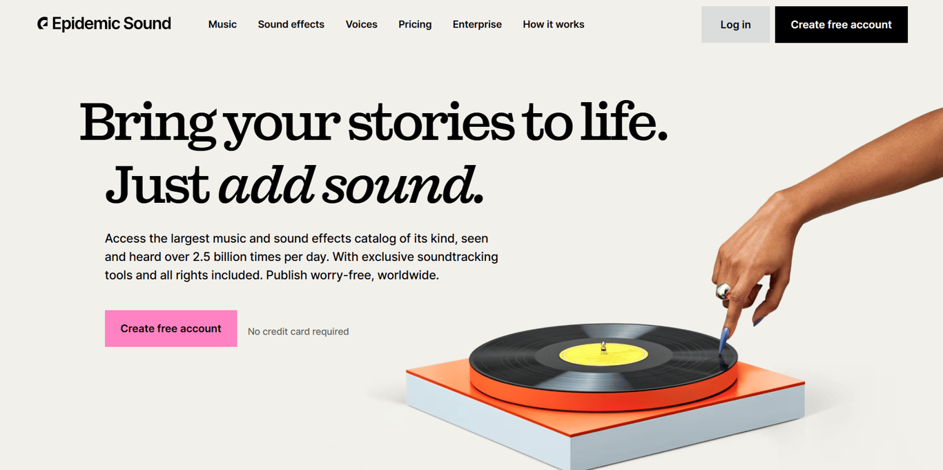 Dashboard interface of Epidemic Sound showing a large royalty free music library used by video creators, YouTubers, and digital marketers worldwide