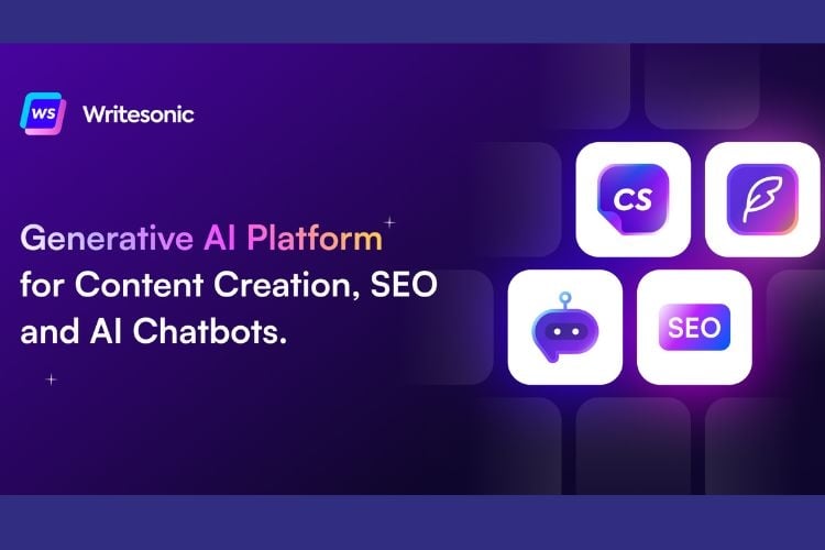 Official homepage of Writesonic showcasing AI writing tools for marketing and SEO