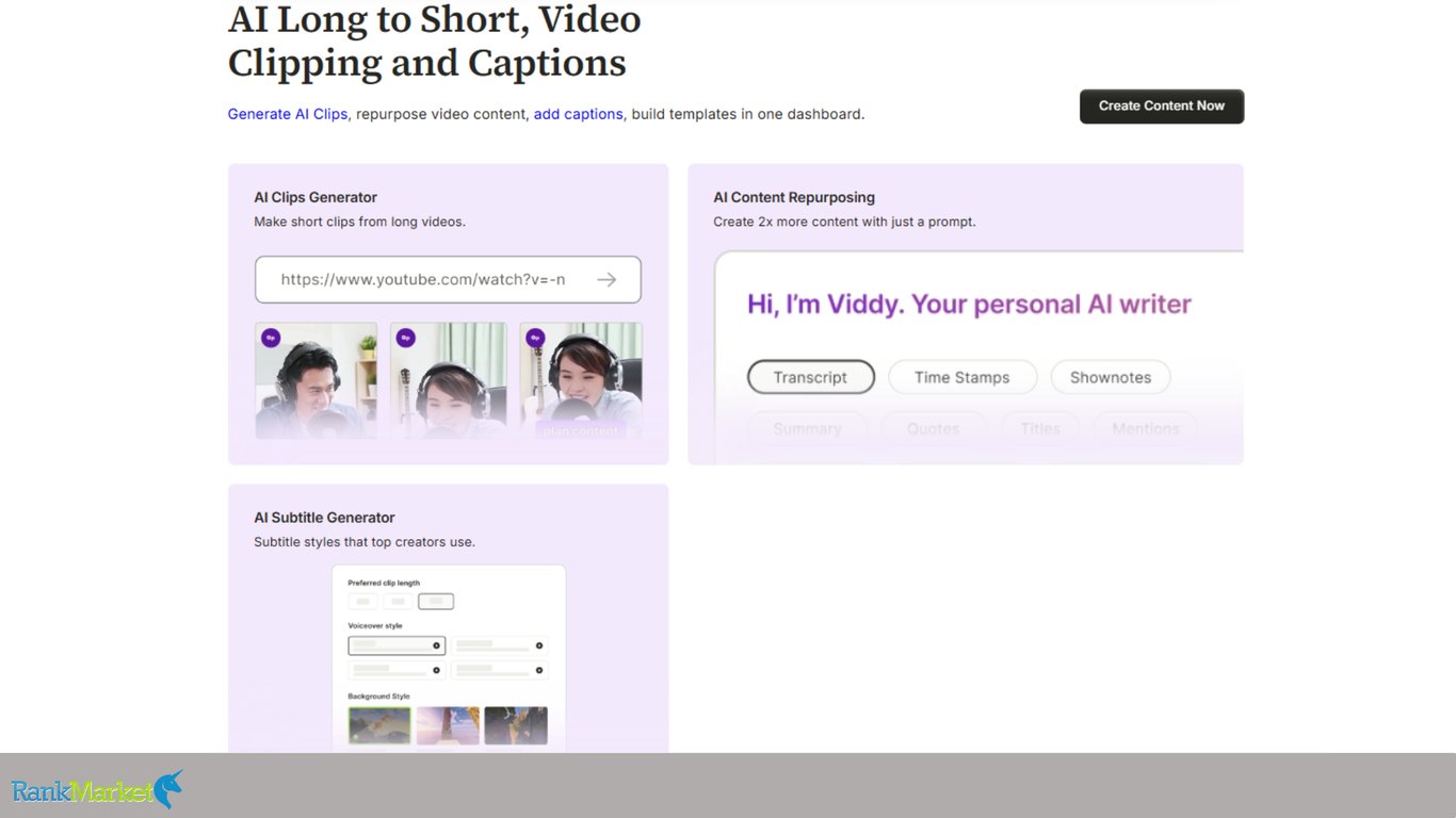Product-Dashboard-Displaying-Ai-Clips-Generator-With-A-Youtube-Link-Input-Box-And-Ai-Content-Repurposing-Text-Prompts