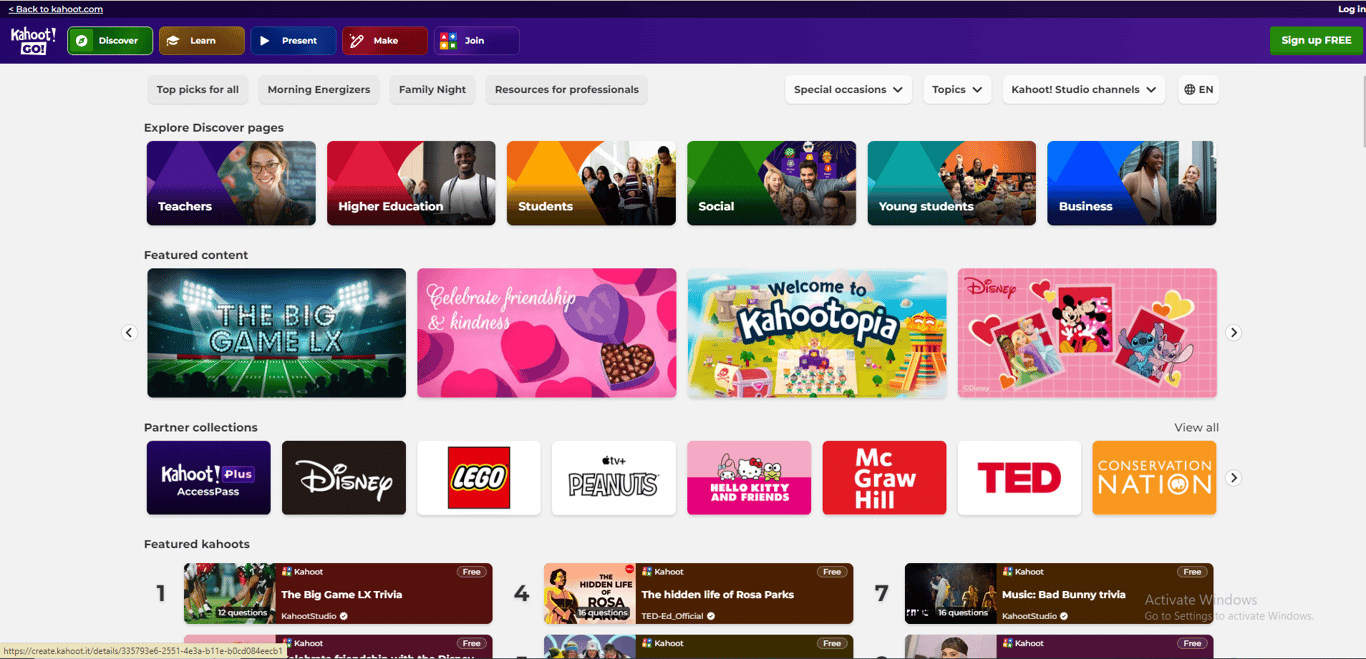 Kahoot online quiz learning platform interface.