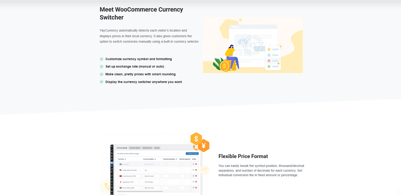 YayCurrency interface showing automatic currency conversion by visitor location, real-time exchange rate updates, and deep WooCommerce integration
