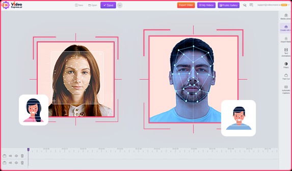 AI face swap tool in VideoExpress showing replaced face in animated video