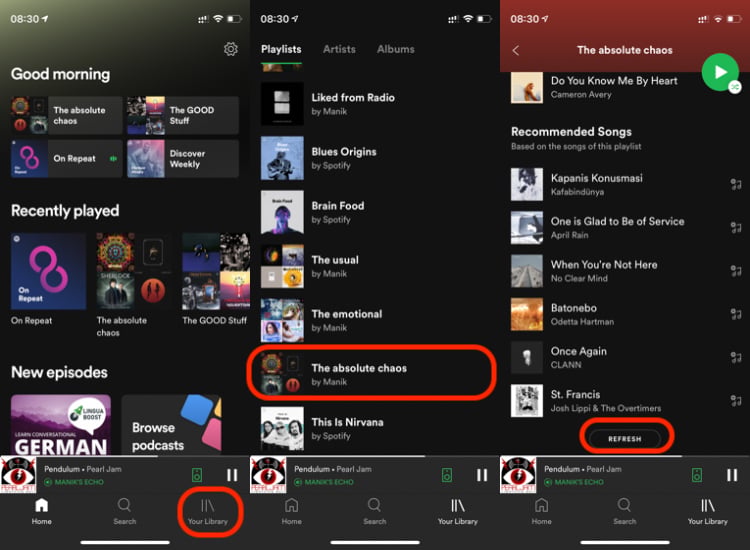 Spotify app showing podcast streaming, offline download option, and multi device synchronization