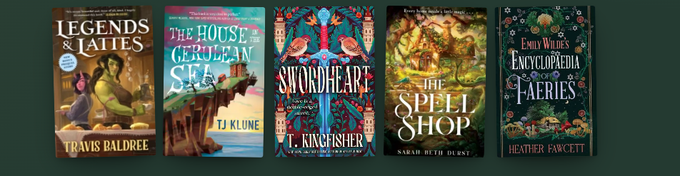 cozy-fantasy-book-covers-showing-legends-and-lattes-the-house-in-the-cerulean-sea-and-the-spell-shop