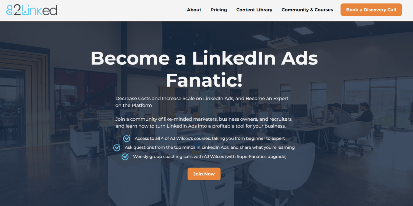 B2Linked-landing-page-hero-banner-titled-Become-a-LinkedIn-Ads-Fanatic