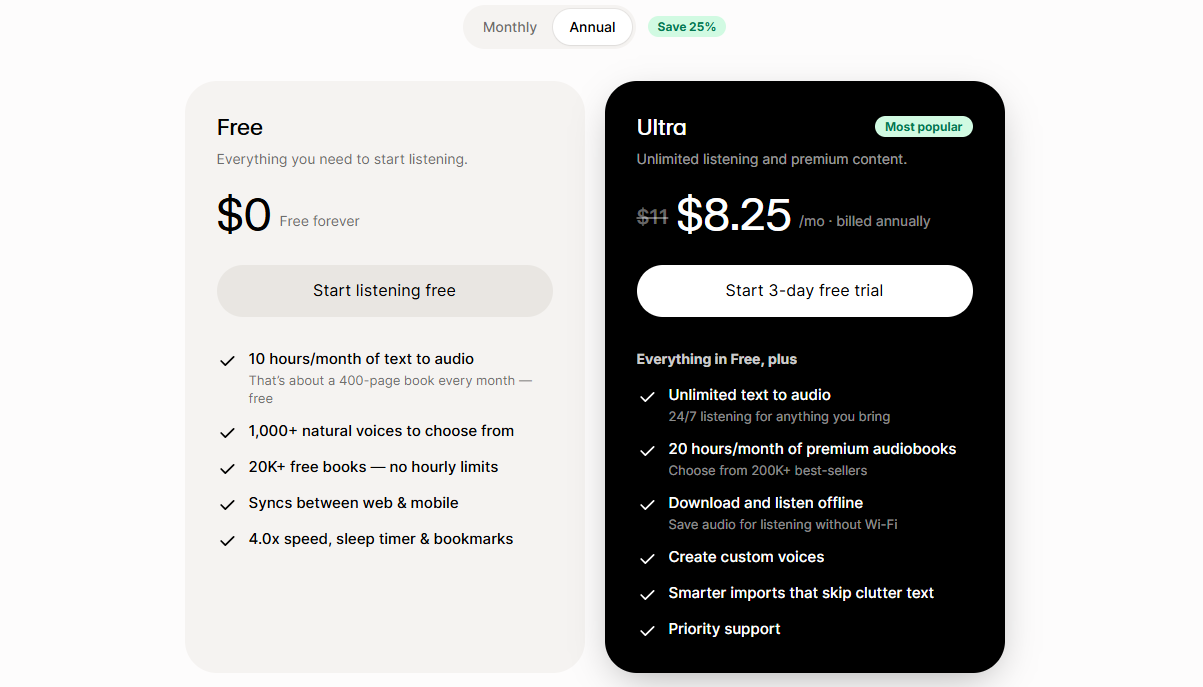 Comparison-of-ElevenReader-subscription-tiers-showing-features-for-Free-versus-Ultra-paid-annual-membership