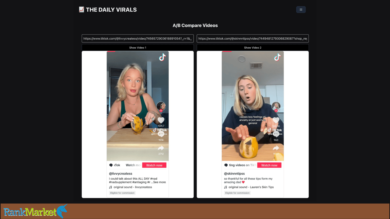 The Daily Virals A/B Testing Tool Comparing Tiktok Videos.