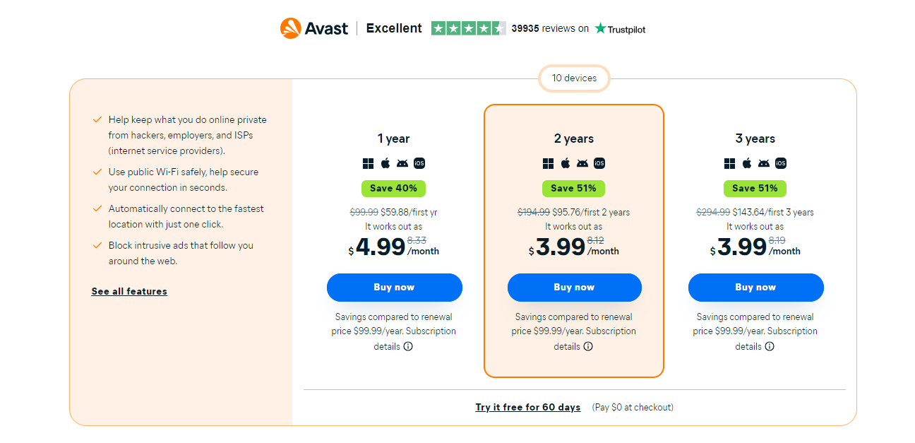 Avast SecureLine VPN pricing and subscription plans