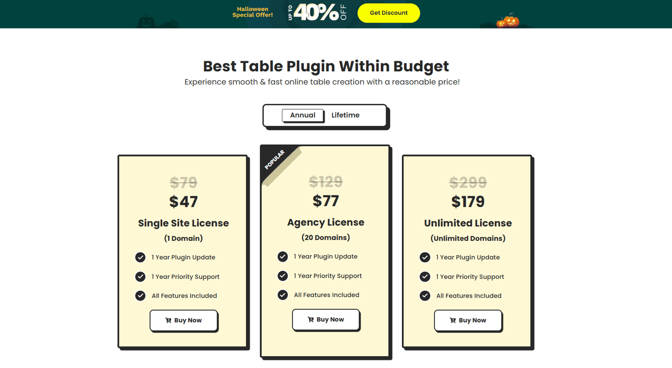 Ninja Tables pricing