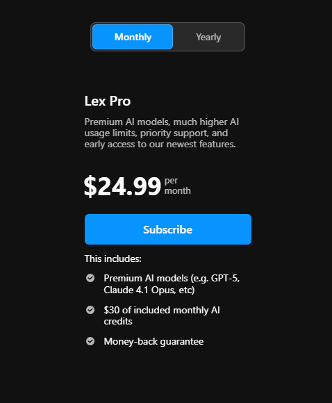 Lex subscription pricing plans comparison chart