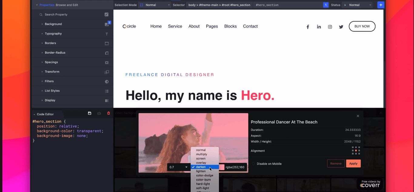 CSS Hero video background feature used to create dynamic WordPress page sections visually