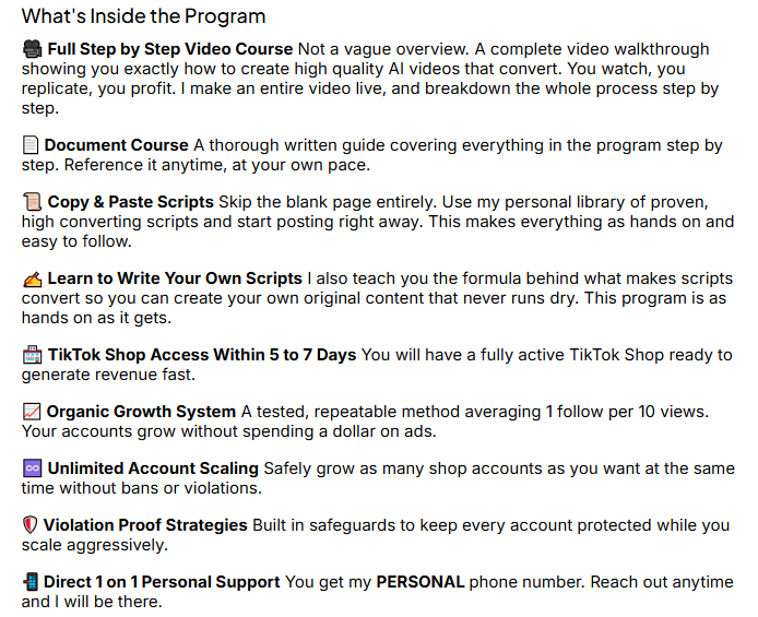 Grow-Accounts-AI-Method-program-features-list-covering-copy-paste-scripts-and-organic-growth-system