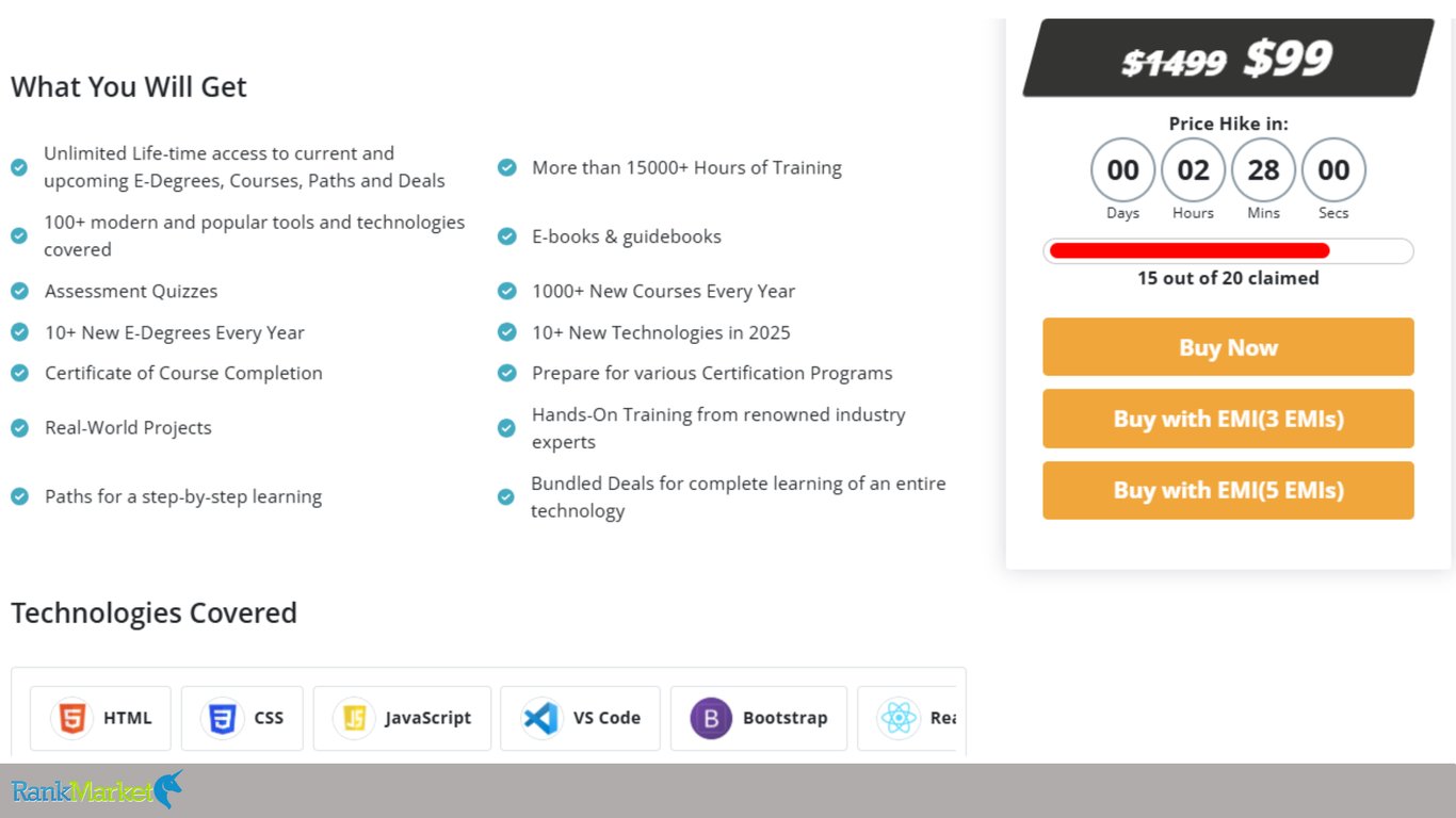 Features-Checklist-Titled-What-You-Will-Get-Displaying-Benefits-Like-Quizzes-And-Certificates-Beside-A-Technologies-Covered-Grid-Including-Html-And-Css