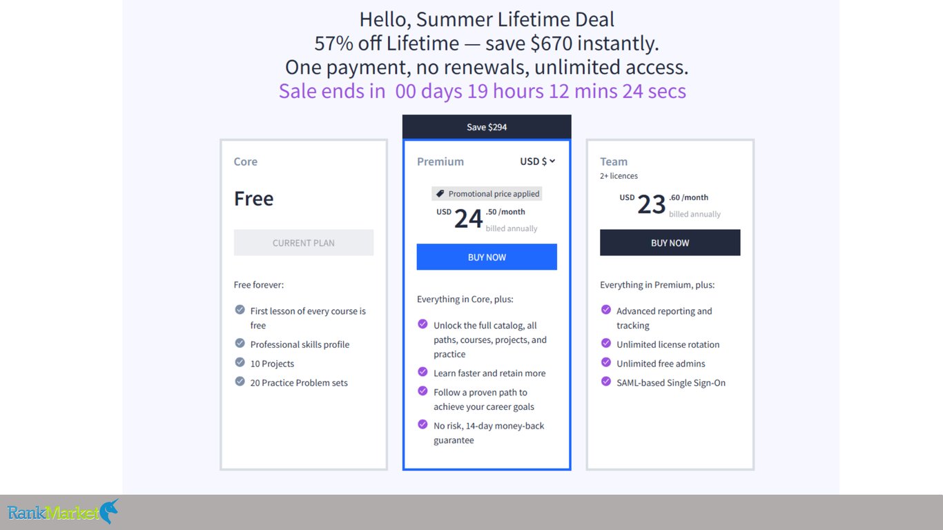 Dataquest-Tiered-Subscription-Pricing-Cards-Comparing-Core-Free-Premium-And-Team-Plans