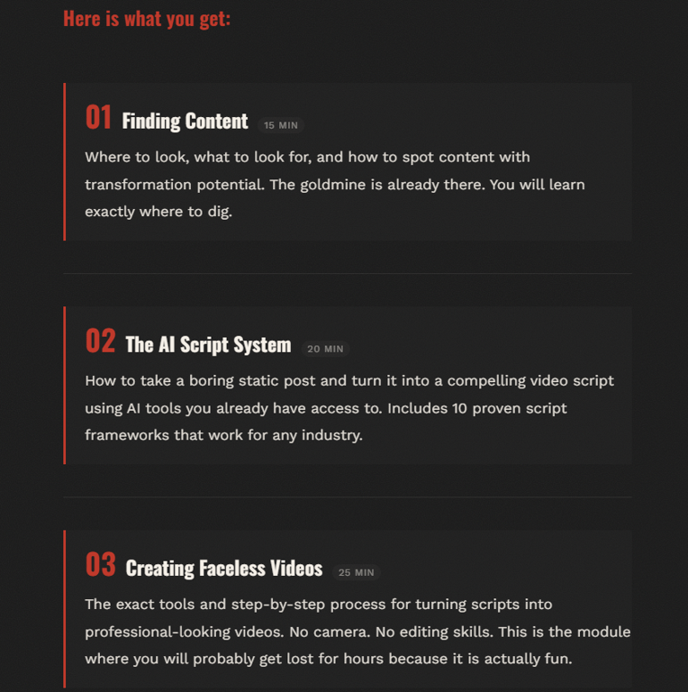 Course-curriculum-cards-outlining-Finding-Content-The-AI-Script-System-and-Creating-Faceless-Videos
