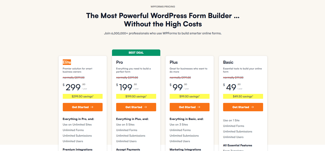 WPForms pricing plans showing personal, freelancer, and business WordPress websites with detailed feature breakdowns and comparison