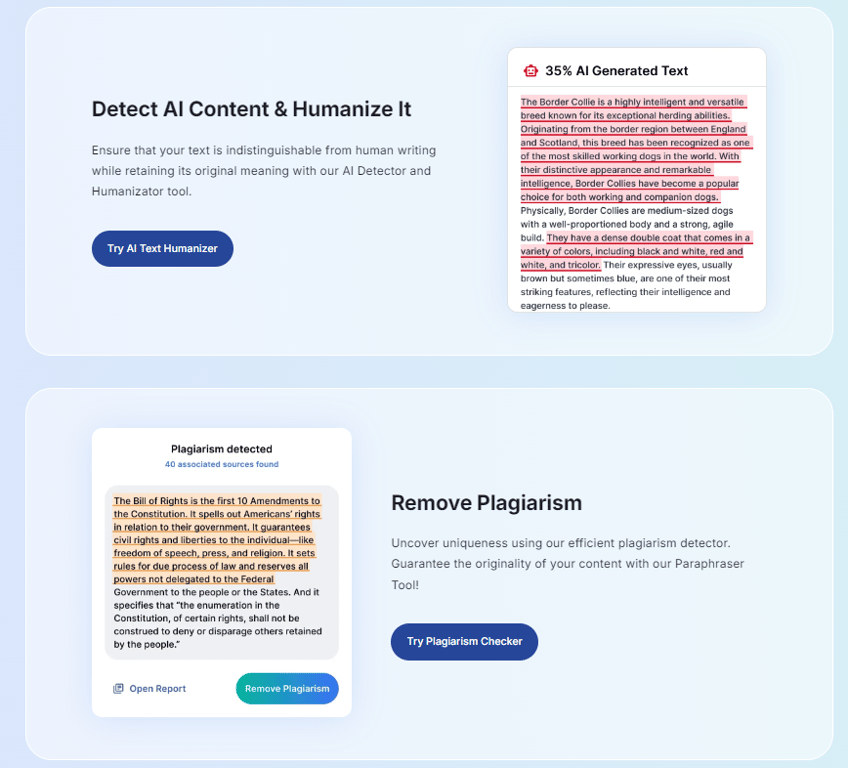 JustDone AI detector, humanizer, and plagiarism checker features