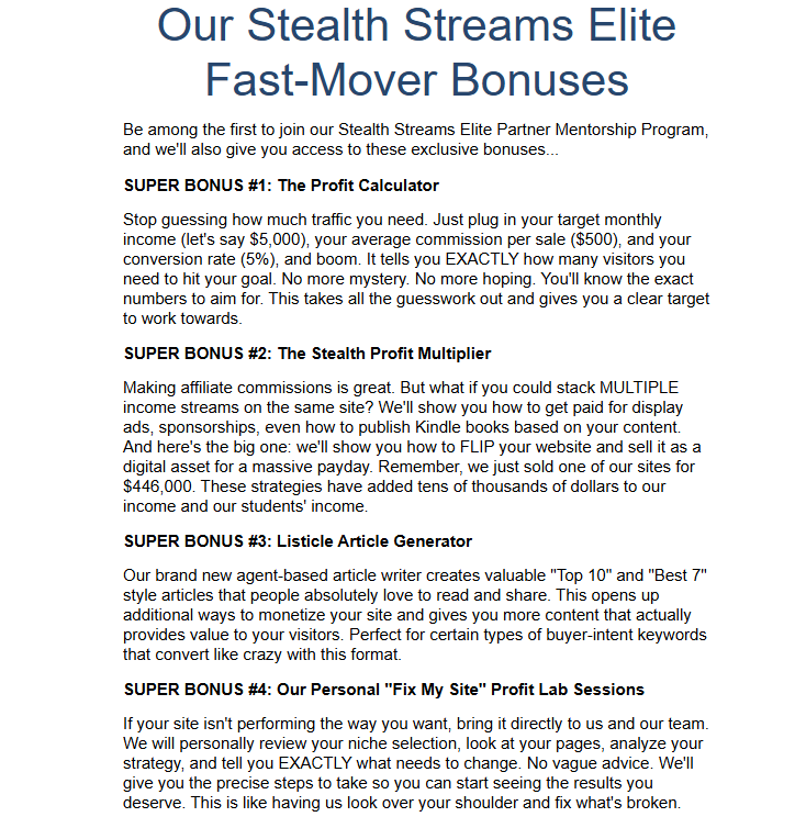 stealth-streams-elite-fast-mover-bonuses-featuring-profit-calculator-and-article-generator