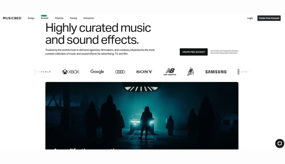 Musicbed professional dashboard interface displaying curated cinematic tracks, advanced mood filters, and clear licensing categories for filmmakers and agencies