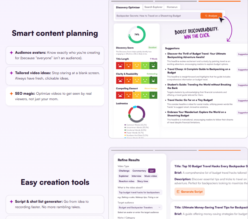 tubespanner-smart-content-planning-and-easy-creation-tools-showing-discovery-optimiser-and-script-generator