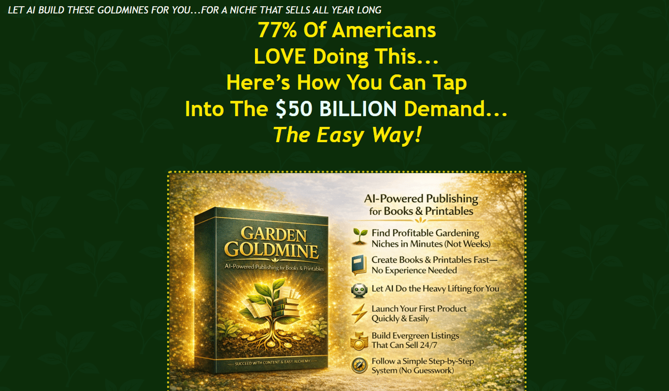 Garden-Goldmine-course-sales-page-banner-featuring-ai-powered-publishing-for-books-and-printables-mockup