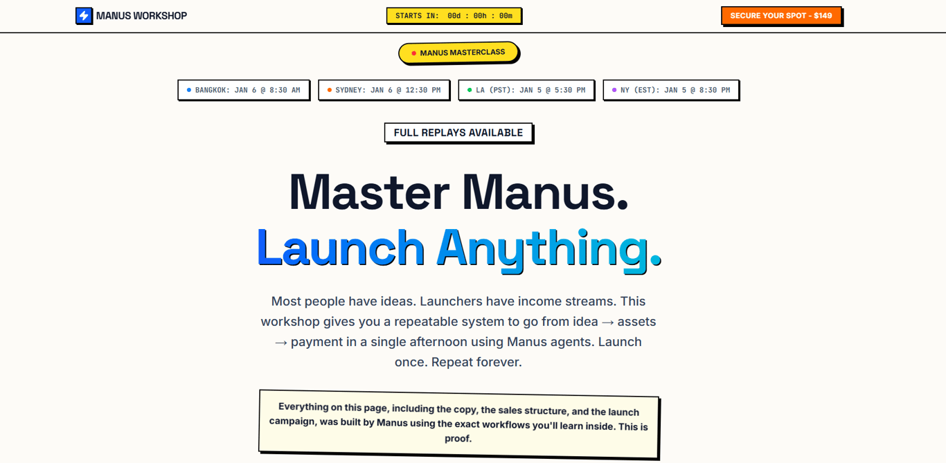 Manus Workshop official homepage showcasing AI-powered product creation system by Evolution Unleashed