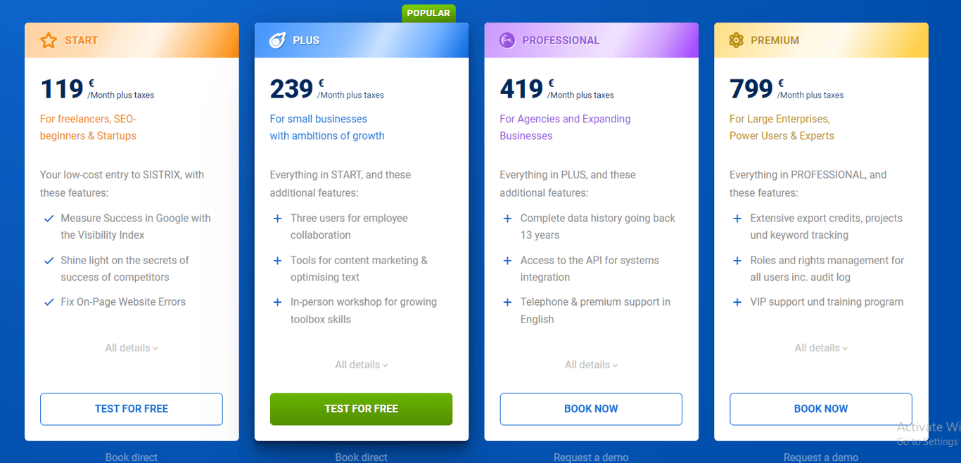 Sistrix pricing plans and subscription options