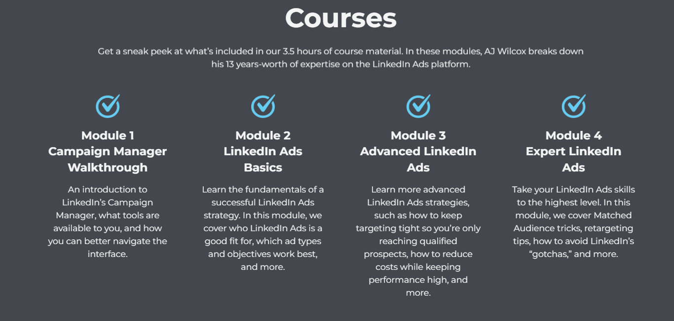 Four-column-course-curriculum-layout-detailing-LinkedIn-Ads-training-modules
