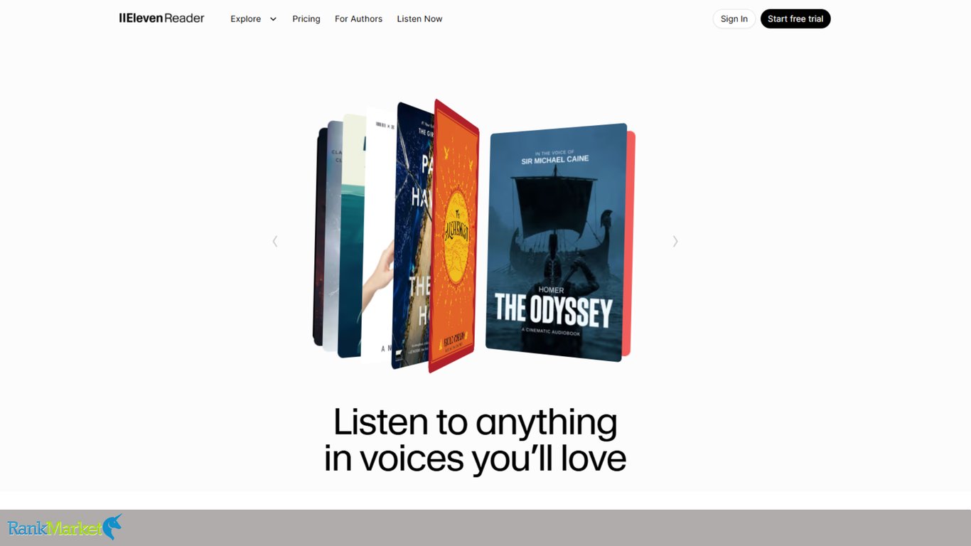 Elevenreader-Homepage-Header-With-Text-Listen-To-Anything-In-Voices-You-Will-Love-Showing-A-Carousel-Of-Audiobook-Covers-Including-The-Odyssey-And-The-Alchemist